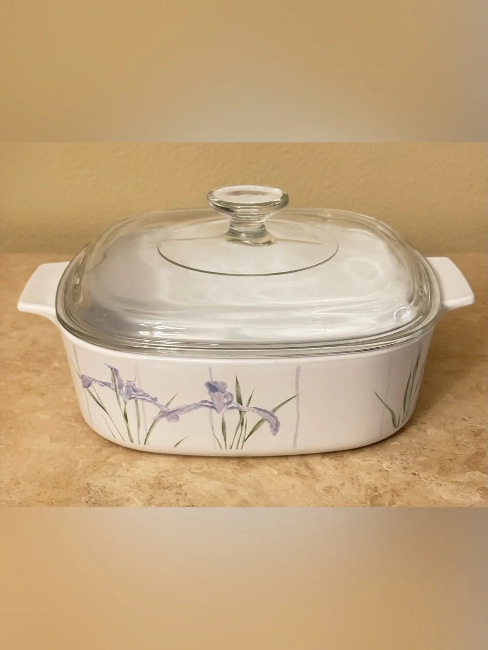 Corning Ware Shadow Iris 2L square casserole with lid.